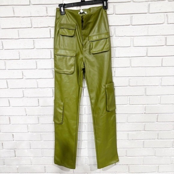 AFRM Moss Green Faux Leather Cargo Pants High Rise Straight Leg Utility | Small - Picture 5 of 6